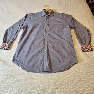 Thomas Dean Men’s Dress Shirt XL Blue White Red Checker Geometric Contrast Cuff